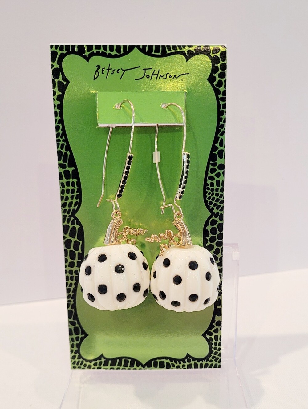 Betsey Johnson White and Black Polka Dot Pumpkin Drop Earrings